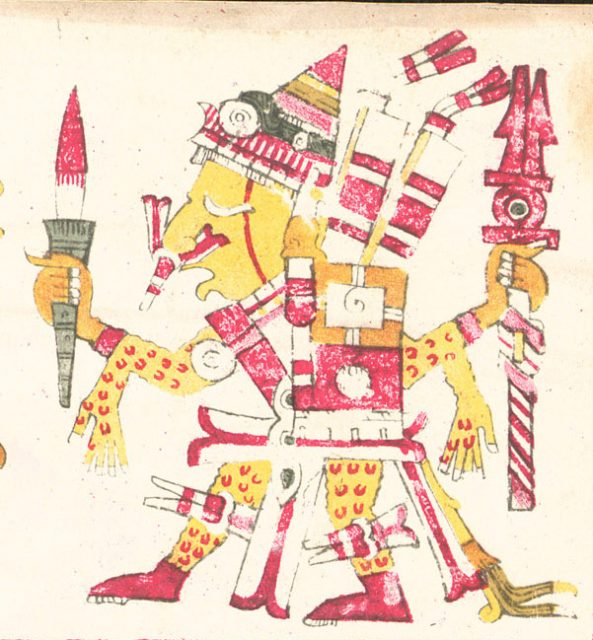 Xipe Totec as depicted in the Codex Borgia, shown holding a bloody weapon and wearing flayed human skin as a suit.