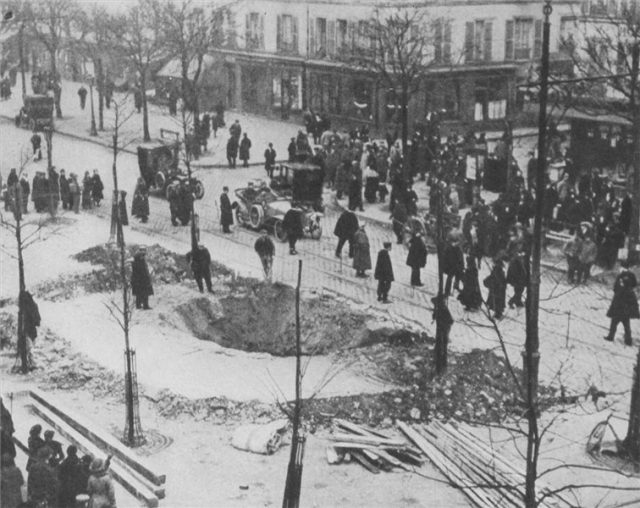 Crater of a Zeppelin bomb dropped on Paris, 1917.