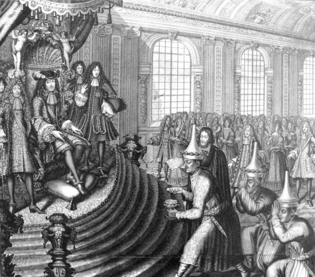 Siamese embassy of King Narai to Louis XIV in 1686, led by Kosa Pan. Engraving by Nicolas Larmessin.