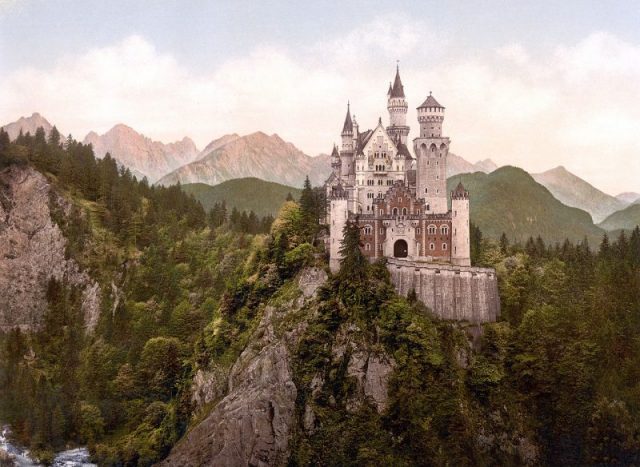 Neuschwanstein front façade and surroundings (photochrom print, c. 1900)