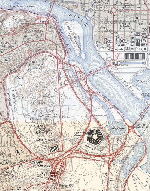 1945 map of the Pentagon road network, including present-day State Route 27 and part of the Shirley Highway, as well as the Main Navy and Munitions Buildings near the Lincoln Memorial.