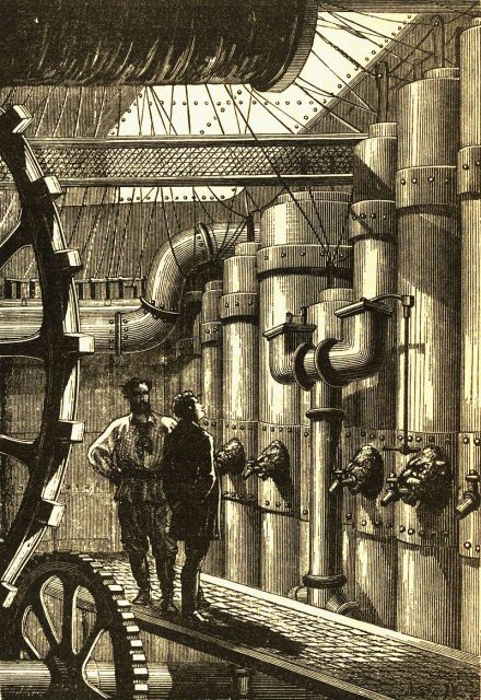 Original illustration of Jules Verne’s Nautilus engine room.