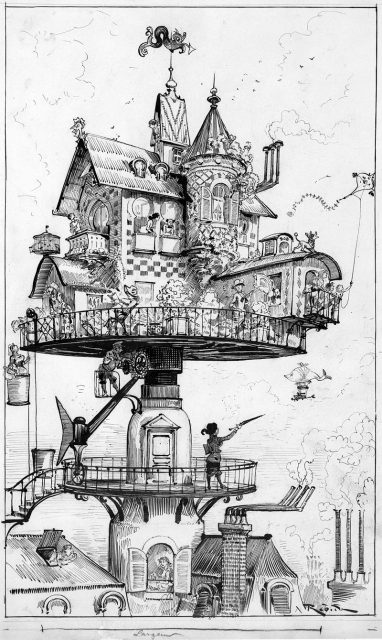 ‘Maison tournante aérienne’ (aerial rotating house) by Albert Robida for his book Le Vingtième Siècle, a 19th century conception of life in the 20th century.