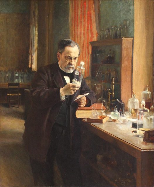 Louis Pasteur in his laboratory, painting by A. Edelfeldt in 1885