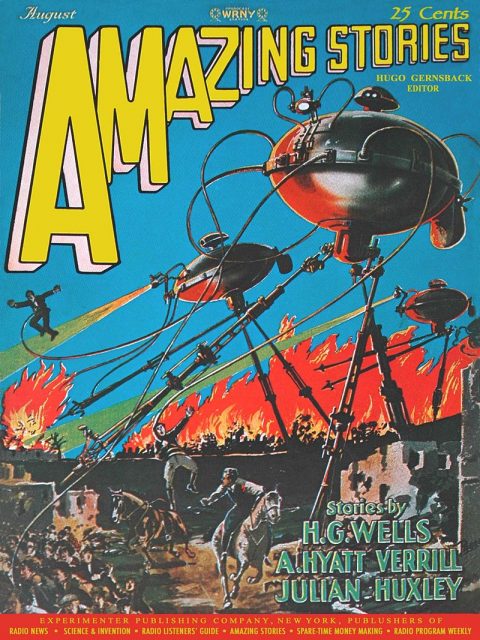 The August 1927 issue of Amazing Stories featuring work by H. G. Wells.
