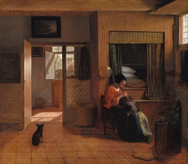 A Mother’s Duty by Pieter de Hooch shows a woman delousing her child’s hair in front of a raised box bed that can be climbed into from the chest below it.