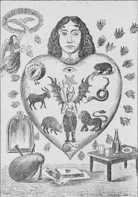 An allegorical image depicting the human heart subject to the seven deadly sins, each represented by an animal.
