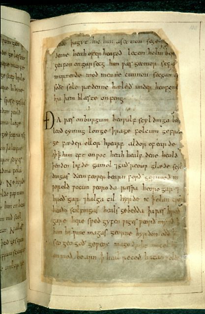 Remounted page from Beowulf, Cotton Vitellius A.XV, 133r. British Library.