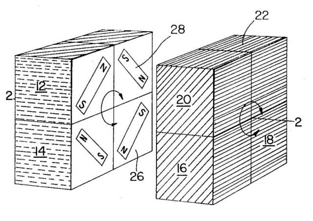 Diagram from Larry D. Nichols’ 1972 patent for his “Puzzle with Pieces Rotatable in Groups”. The 2×2×2 cube is held together with magnets.