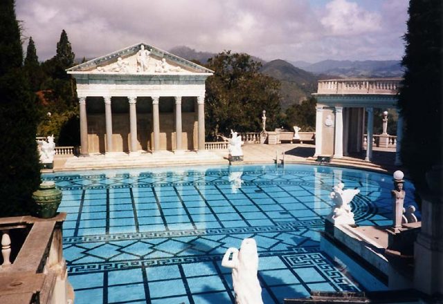 The Neptune Pool at Hearst Castle was rebuilt three times to suit its owner’s tastes. Its centerpiece is the façade of an ancient Roman temple Hearst imported to California. Photo by Stan Shebs CC BY SA 3.0