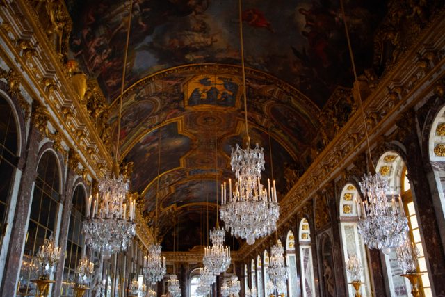 Versailles , France – April 13, 2014: The Hall of Mirrors (Galerie des Glaces) of the Royal Palace of Versailles.