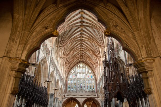 Exeter Cathedral, England. Main nave with the vaulted ceiling.