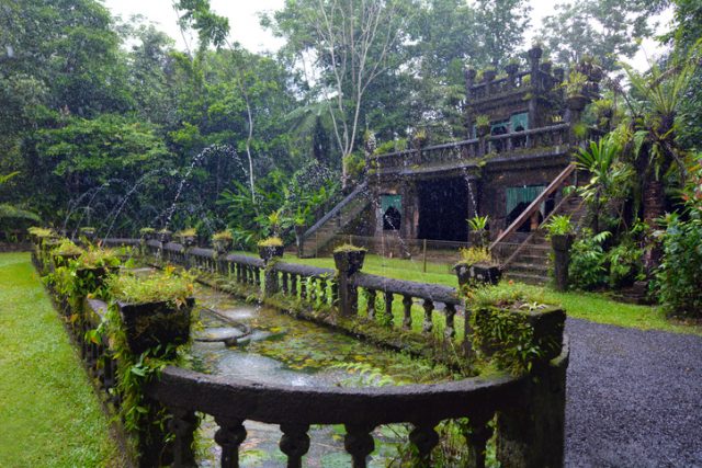 The ancient castle in Paronella Park during a rain storm in the tropical north of Queensland, Australia.