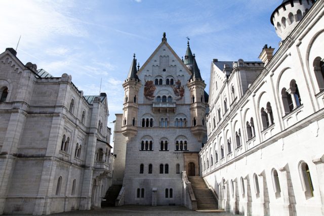 Neuschwanstein Castle, Hohenschwangau in Germany. The palace was commissioned by Ludwig II of Bavaria as a retreat and is located in Hohenschwangau in the Bavarian Alps. This shot is taken at the courtyard of Neuschwanstein.