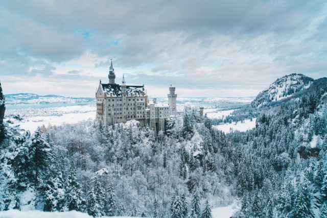 Scenic view of Neuschwanstein Castle in Germany in winter. Schwangau, Germany – November 29, 2017