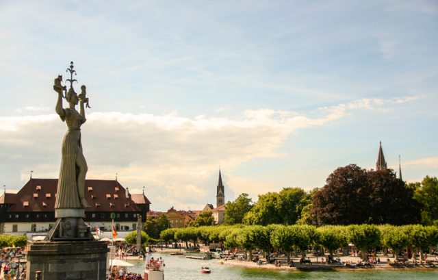 The town of Konstanz on Lake Constance: Imperia statue and port. Bodensee, Germany, 08/04/2016.