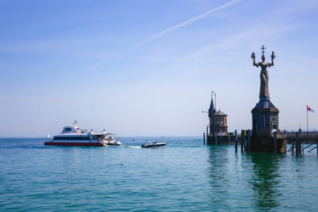 View of the harbor entrance of Konstanz, Baden-Württemberg, Germany.