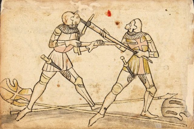 Page of the Codex Wallerstein showing a half-sword thrust against a Mordhau move (Plate 214)
