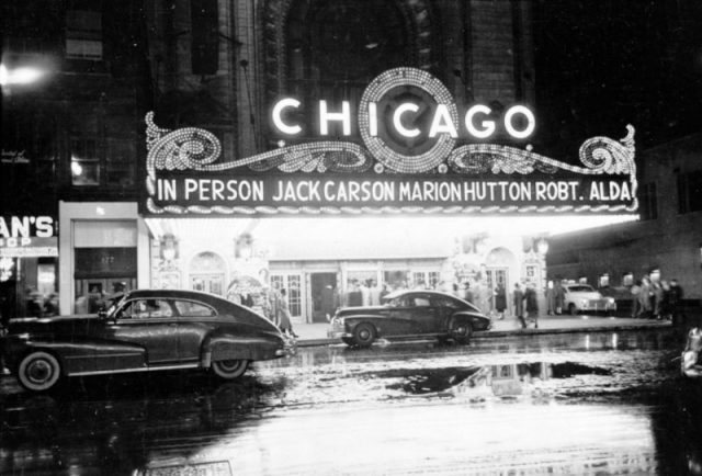 People arriving at the Chicago Theatre for show starring, in person, Jack Carson, Marion Hutton, and Robert Alda, 1949. Image from Look photographic assignment ‘Chicago City of Contrasts’ by S. Kubrick.