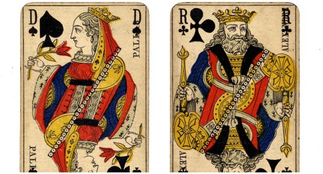 Vintage French playing cards. The queen (dame) of spades is associated with Pallas. The King (roi) of clubs is associated with Alexander the Great. Photo by William Creswell CC BY 2.0