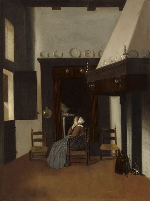 The Little Nurse by Jacob Vrel shows a woman reading in a box bed with a companion looking out the window
