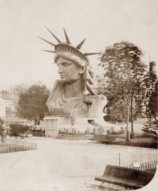 The statue’s head on exhibit at the Paris World’s Fair, 1878
