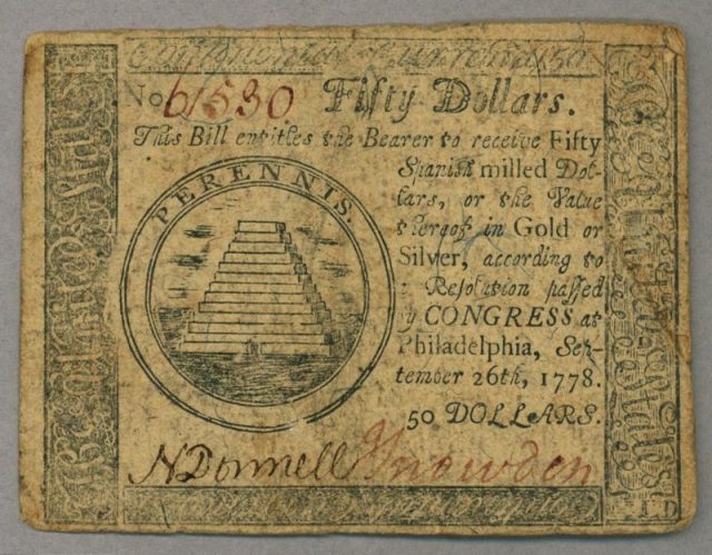 This $50 Continental Currency note (from 1778) was designed by Francis Hopkinson. The unfinished pyramid design was a precursor to the reverse side of the Great Seal of the United States.