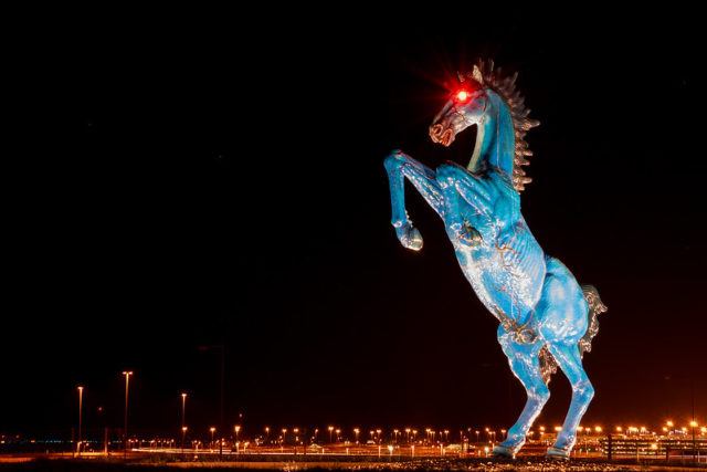 The "devil blue horse" sculpture at Denver Airport