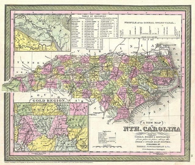 An 1847 map of North Carolina showing the “Gold Region.”