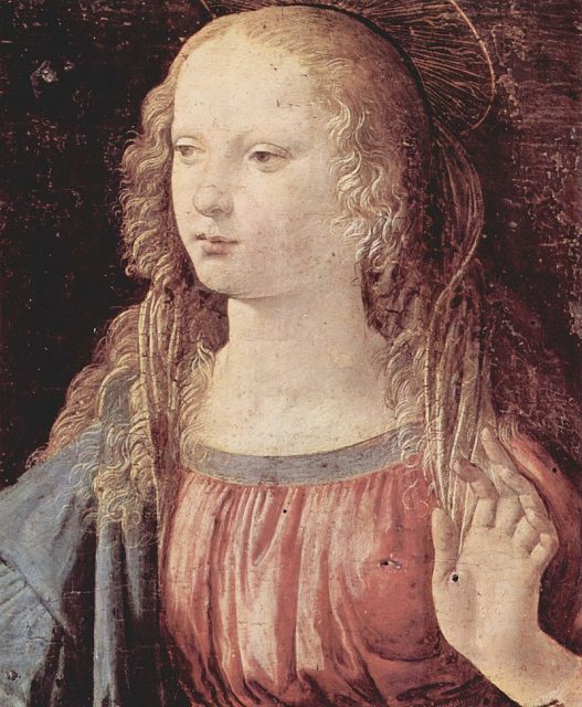 Detail of the blond Virgin Mary from Leonardo da Vinci’s Annunciation (c. 1472-1475)