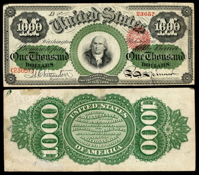 A $1,000 Legal Tender Note from the Series 1862-1863 greenback issue. Engraved signatures of Chittenden (Register of the Treasury) and Spinner (Treasurer of the United States).