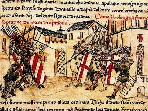 A 14th century conflict between the militias of the Guelph and Ghibelline factions in the comune of Bologna, from the Croniche of Giovanni Sercambi of Lucca