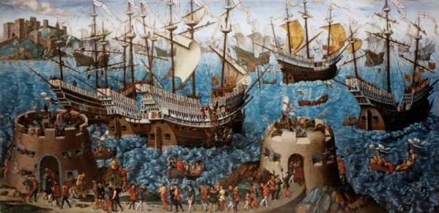The Embarkation of Henry VIII at Dover, a painting that commemorated King Henry’s voyage to the Field of the Cloth of Gold in 1520, painted in 1540. The vessels in the painting are shown decorated with wooden panels similar to those that would have been used on the Mary Rose on special occasions.