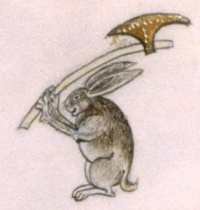 A rabbit with an axe, from The Gorleston Psalter, a mediaeval manuscript from 1310-1324. British Library manuscript 49622.