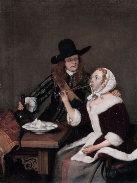 A Gentleman pressing a Lady to drink oil on canvas