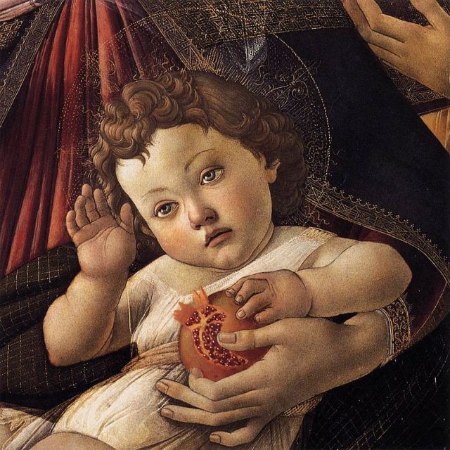 Madonna of the Pomegranate shows the Christ Child holding a pomegranate, which symbolizes His future suffering