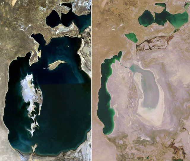 Comparison of Aral Sea in 1989 (left) and 2008 (right)