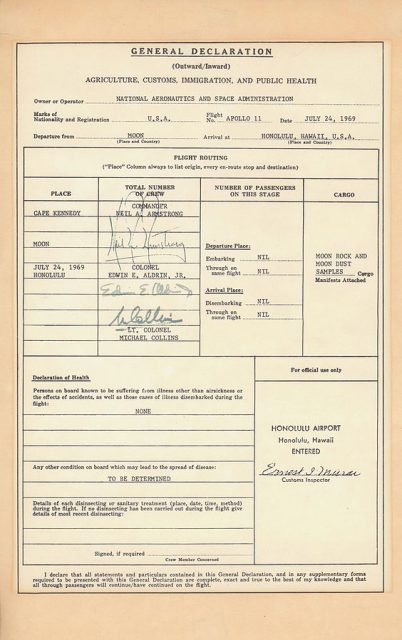 Customs and Immigration form signed by Apollo 11 astronauts after returning from the Moon