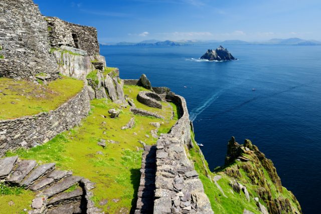 Skellig Michael or Great Skellig, home to the ruined remains of a Christian monastery. Inhabited by variety of seabirds, including gannets and puffins. UNESCO World Heritage Site, Ireland.