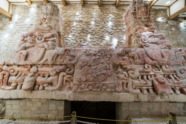 View of an ancient Mayan frieze in the ruins of Balamku, Mexico