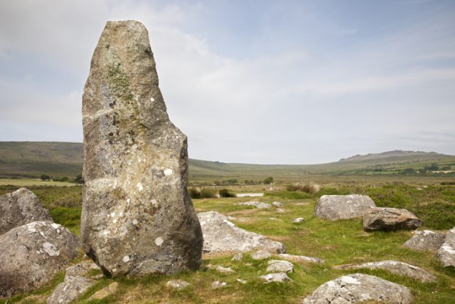 A standing stone in the Preseli Hills mountain range, Pembrokeshire, Wales. This stone is one of the bluestones from this area which were used to construct the inner circle of Stonehenge.