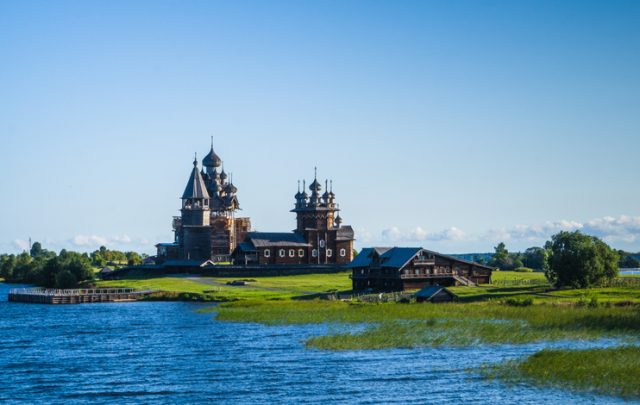 View of Kizhi Island, the historic site of churches on the marshy banks of the island which is a UNESCO World Heritage Site