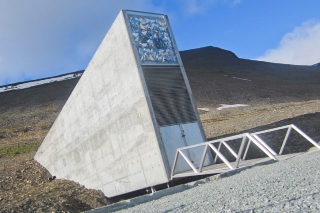 The concrete entrance portal to Svalbard Global Seed Vault