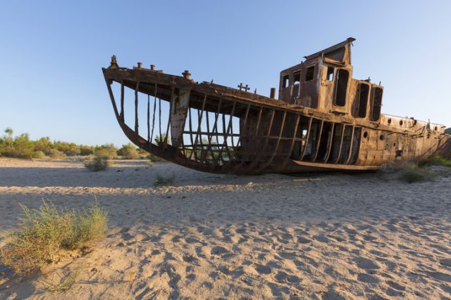 The world’s youngest desert: The white salt terrain left behind by the desiccation of the southern Aral Sea is now known as the Aralkum Desert