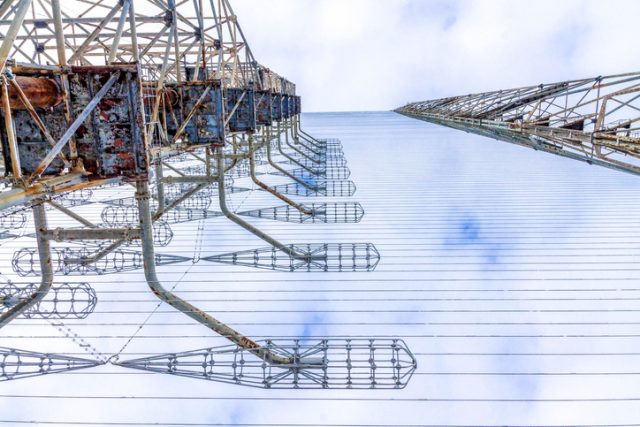 View from below looking up at Duga radar. Chernobyl, Ukraine