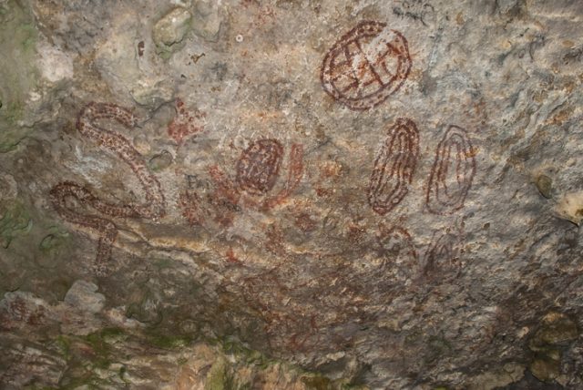 Indian art in the cave nearby Spelonk on the Caribbean island Bonaire, former Netherlands Antilles. The Arawak indians are considered the first inhabitans of Bonaire.
