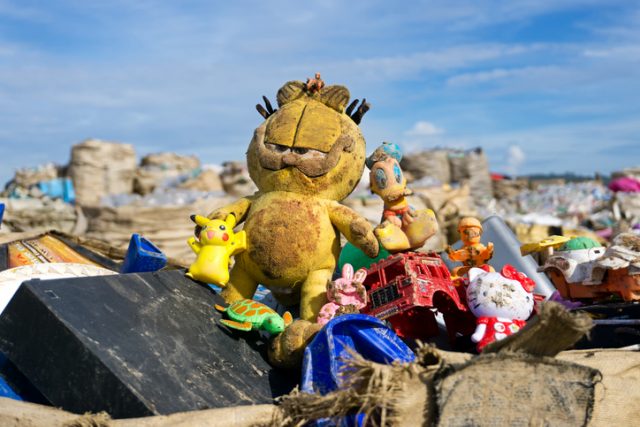 An abandoned dirty Garfield collected from a beach litter-pick