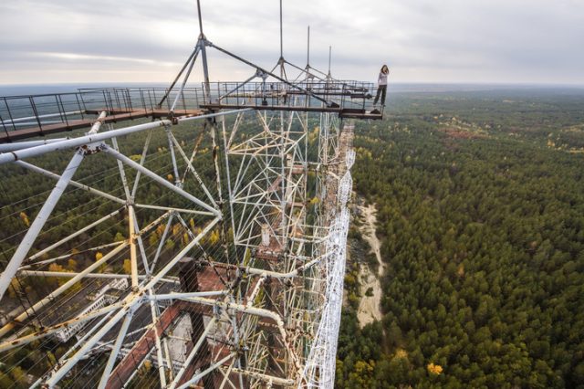 View from the top of abandoned Duga radar system in Chernobyl Exclusion Zone, Ukraine at autumn time