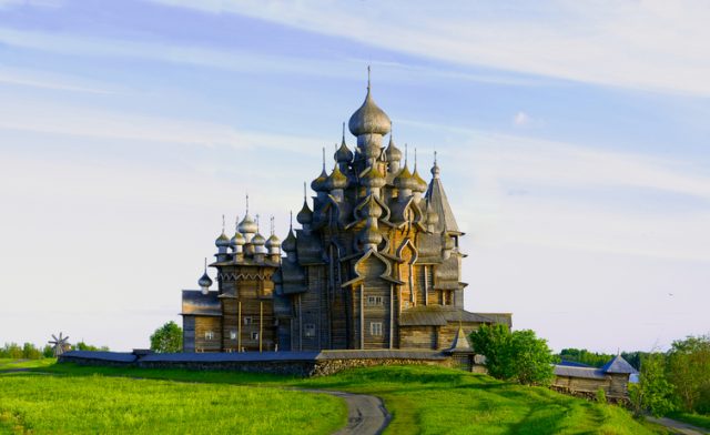 The Church of the Transfiguration (built in 1714) and The Church of the Intercession (built in 1764) on Kizhi Island, two 18th century wooden churches