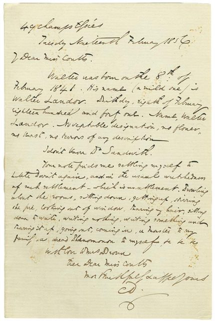 Letter from Charles Dickens to Angela Burdett-Coutts